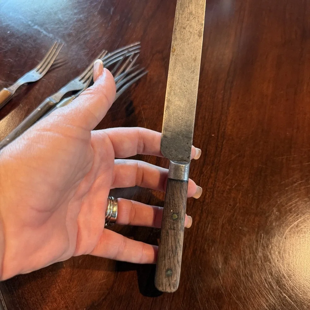 Wood Handle Flatware Lot 8 Primitive Carbon Steel Knives Forks Victoria Era Antq